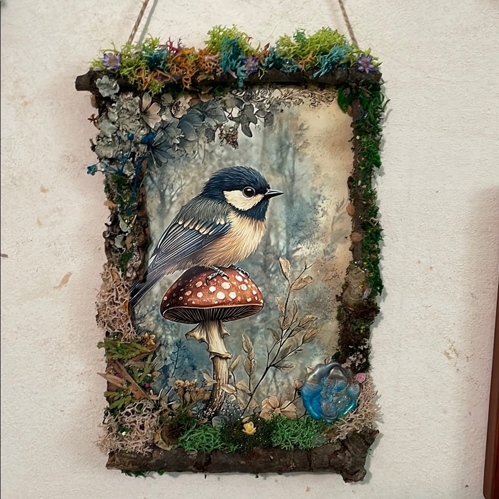 Nature-Inspired Wall Art with Bird and Mushroom moss handcrafted border hanging